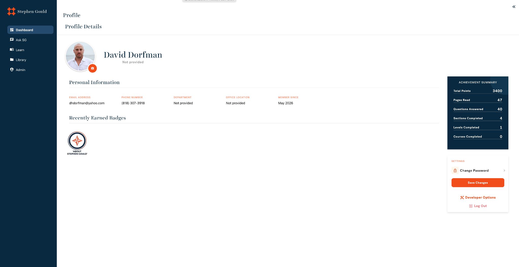 Learner profile page with achievement summary, total points, pages read, and recently earned badges