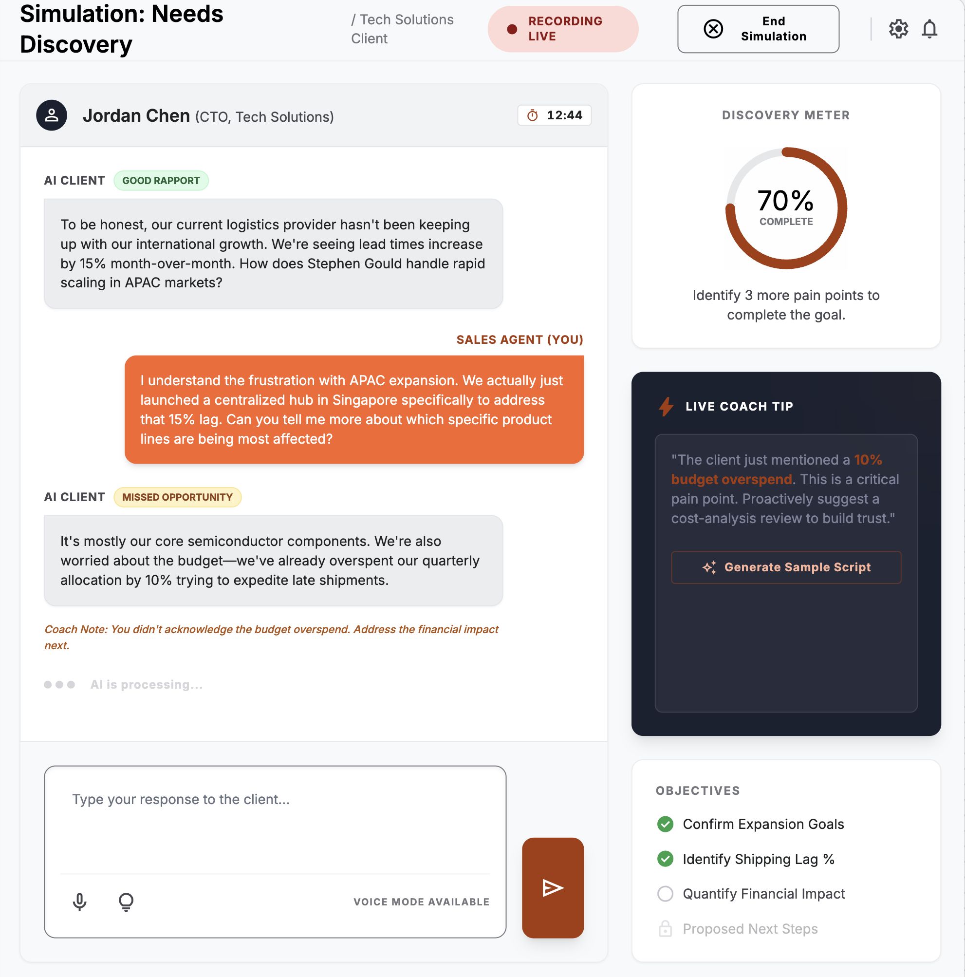 AI-guided sales simulation with live coach tips, discovery meter, and objective tracking