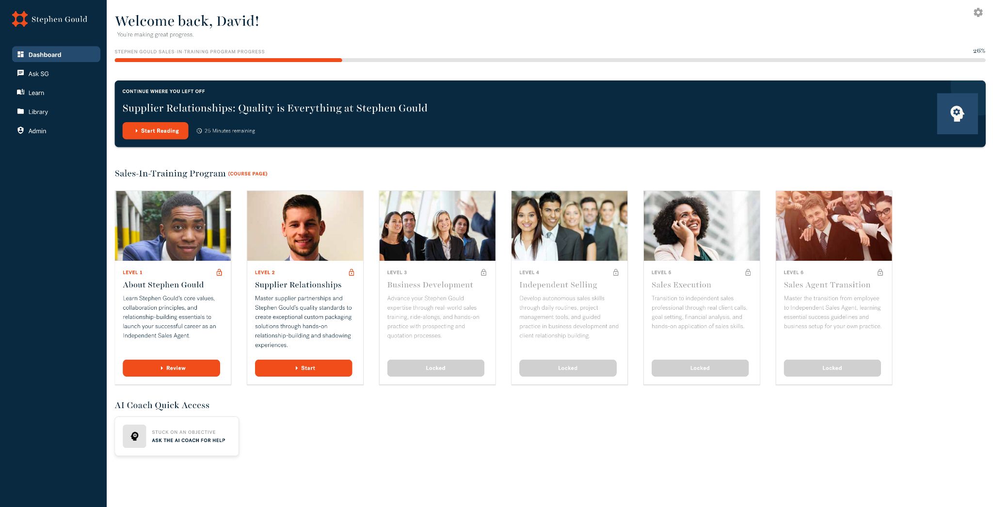 AgentWire training platform dashboard with gamified learning progress, course levels, and AI coach quick access