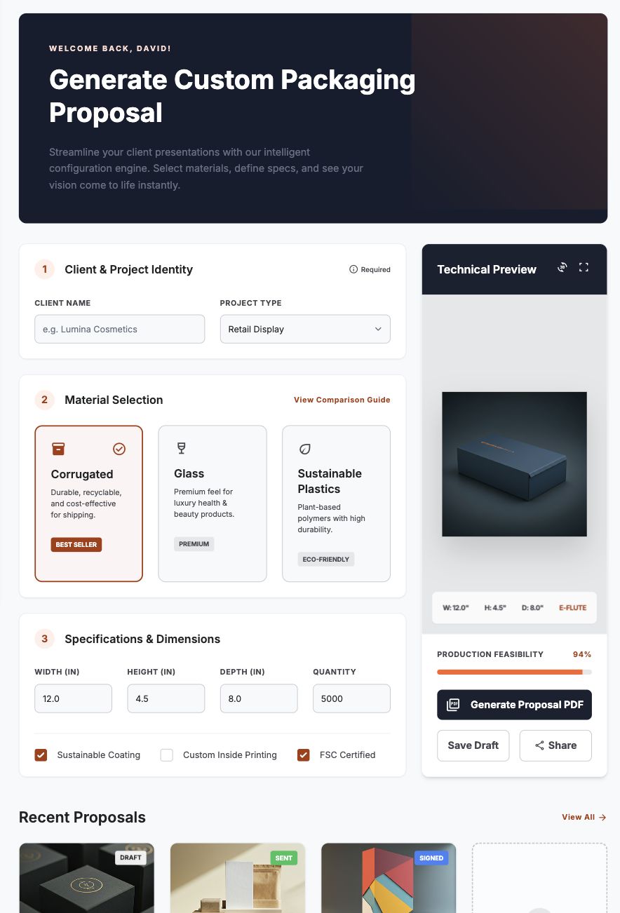 Custom packaging proposal generator with client details, material selection, and configuration