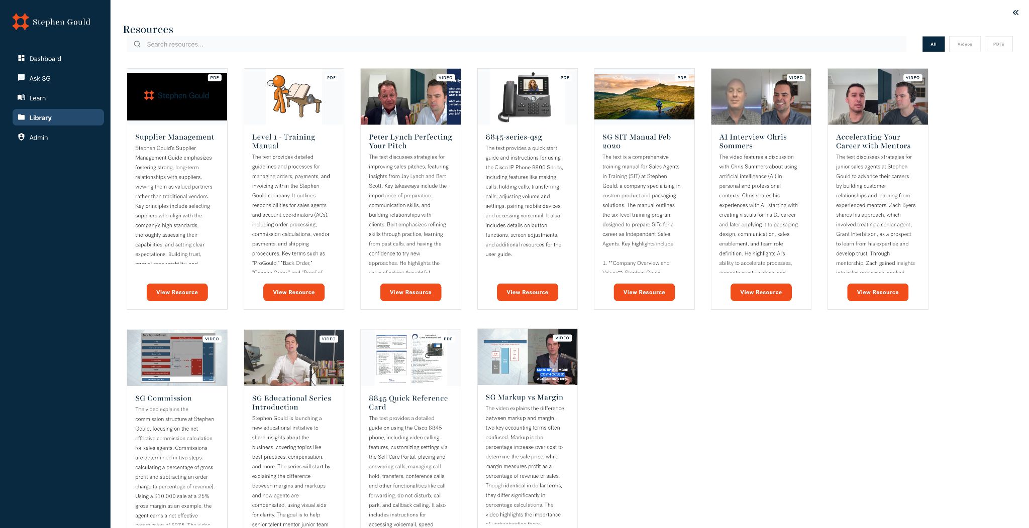 Media library showing training videos and PDFs with search, category filters, and view resource actions