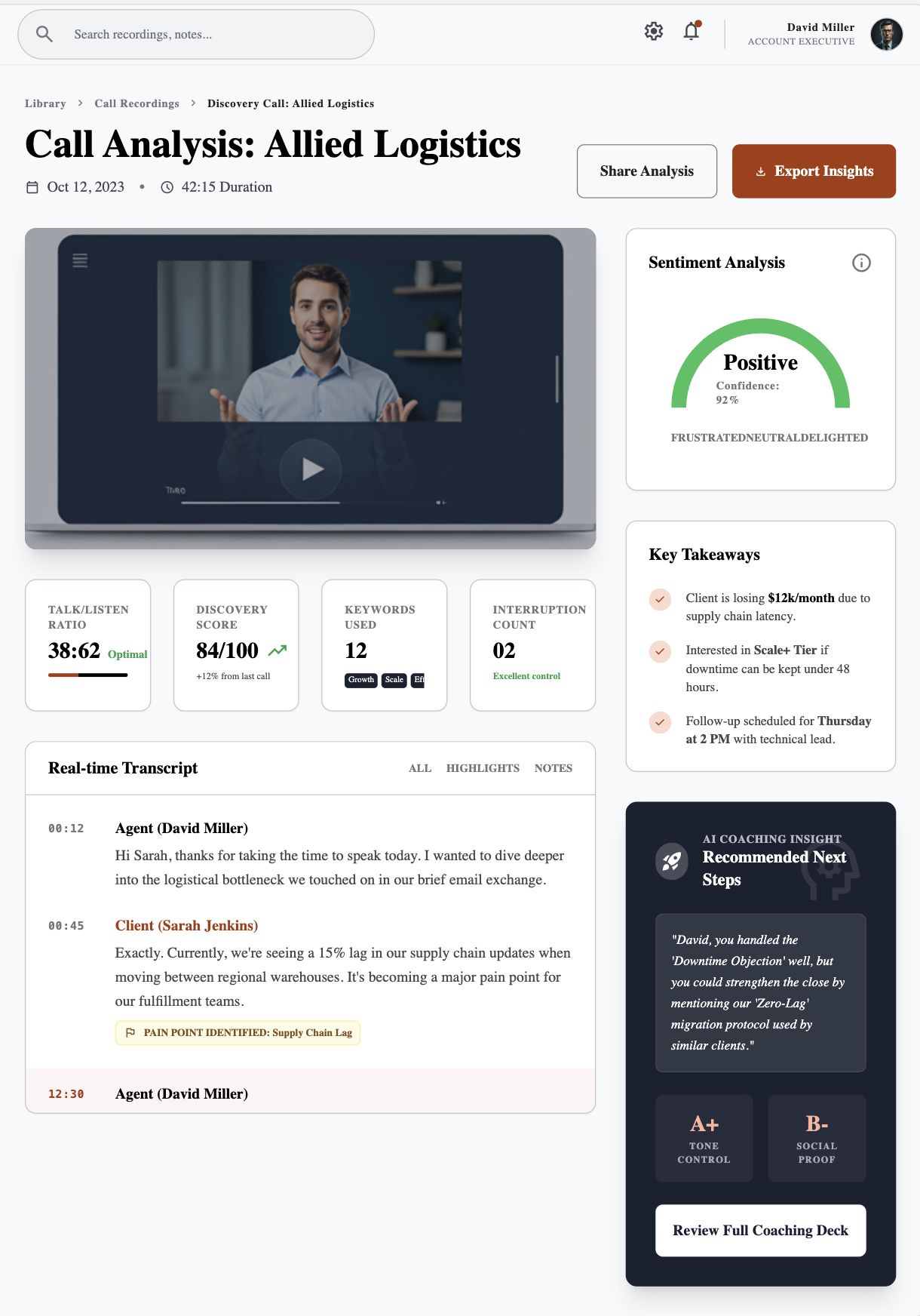 Call analysis dashboard with sentiment gauge, key takeaways, and AI coaching feedback