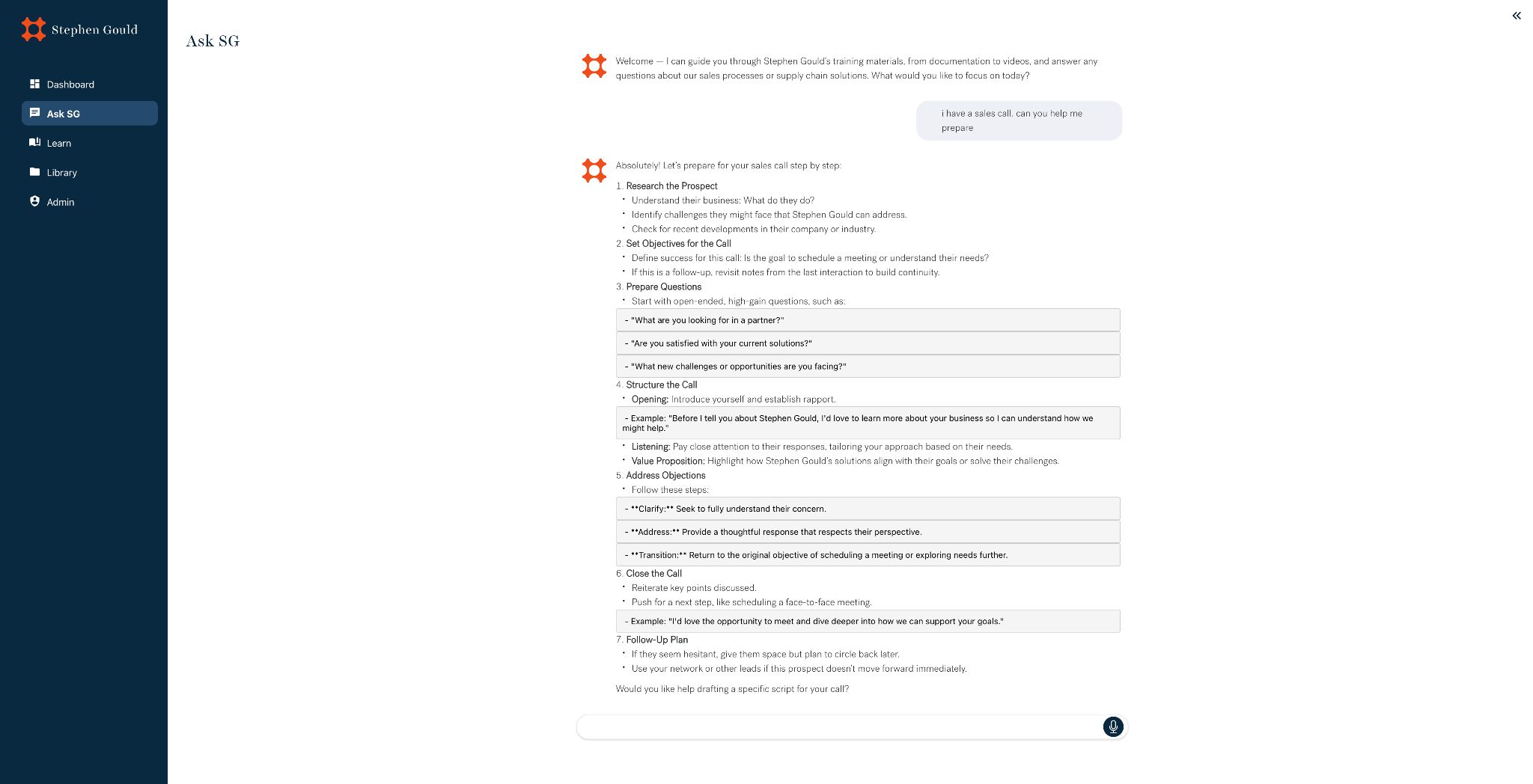 AI training assistant answering an employee question with a step-by-step sales call preparation guide